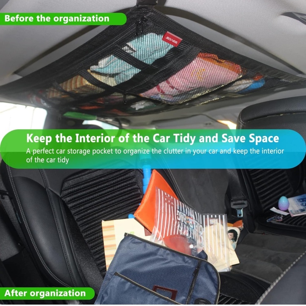 Car Ceiling Cargo Net Pocket 36.7X 26.5in Large Size with 3 Zipper Storage Bags - Picture 3 of 7